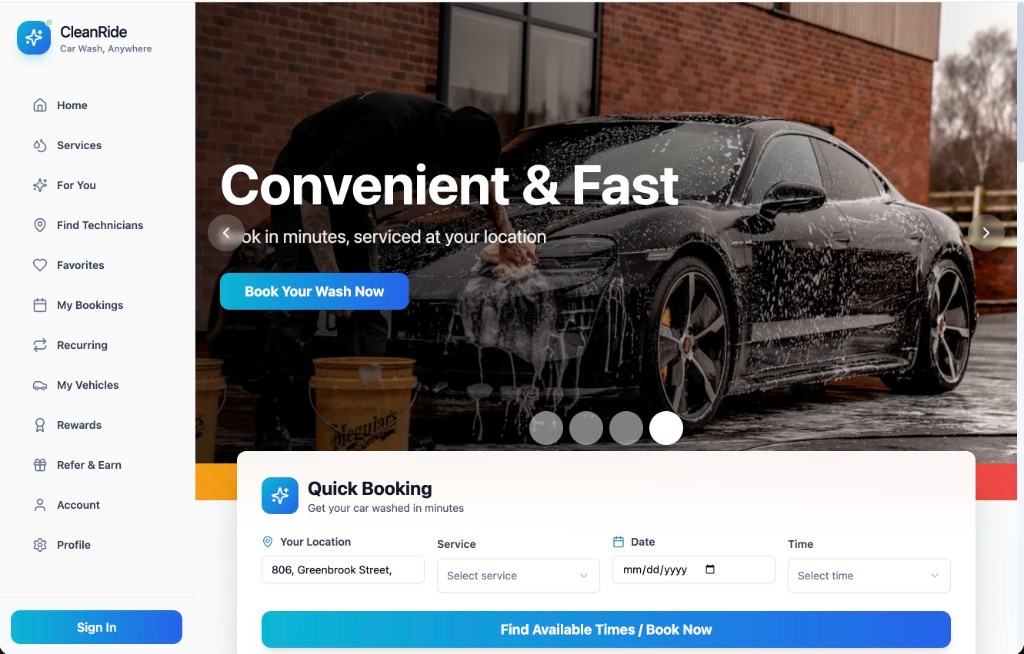Clean Ride Mobile Wash website screenshot