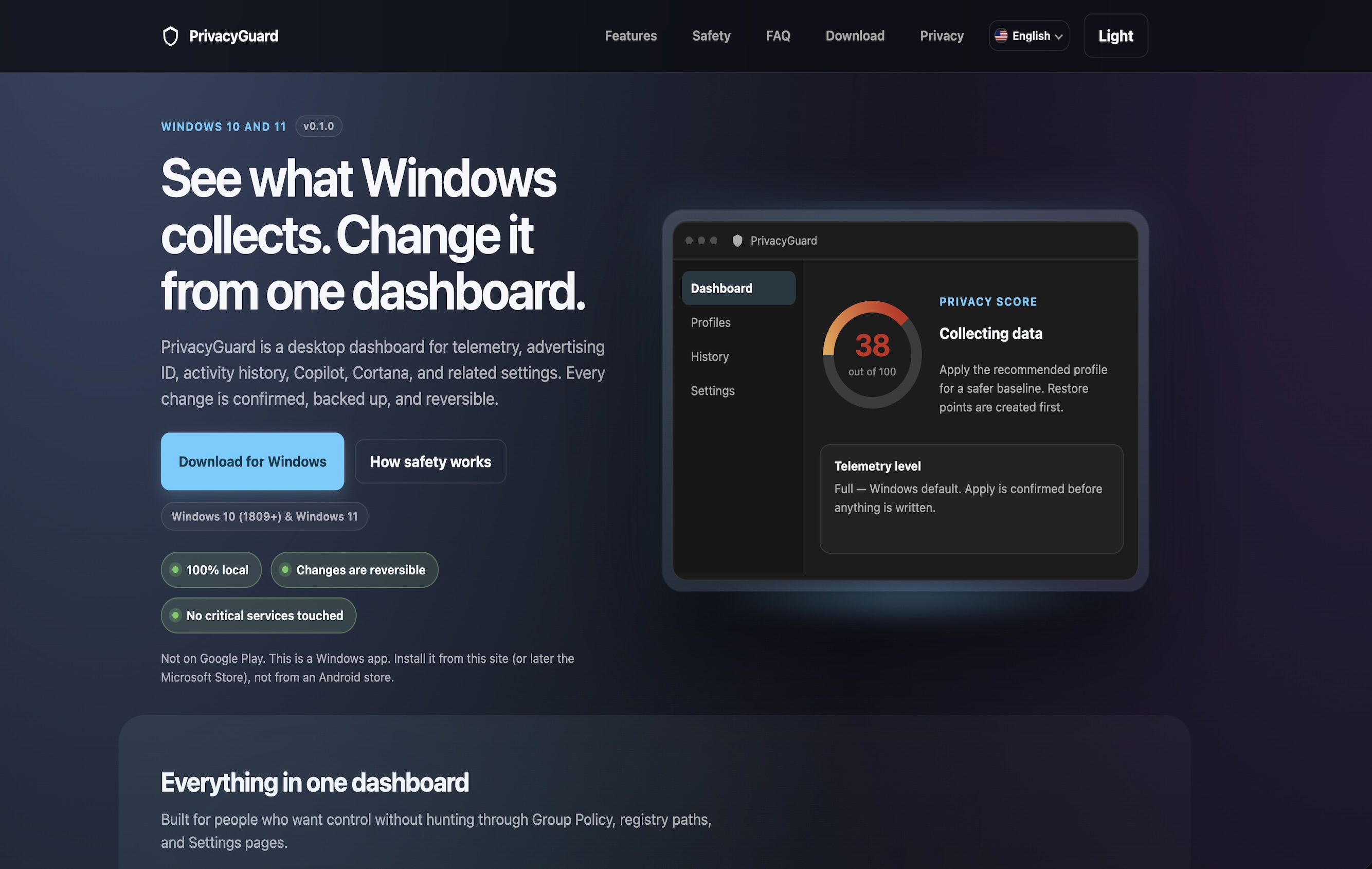 Privacy Guard Windows website showing a Windows privacy dashboard
