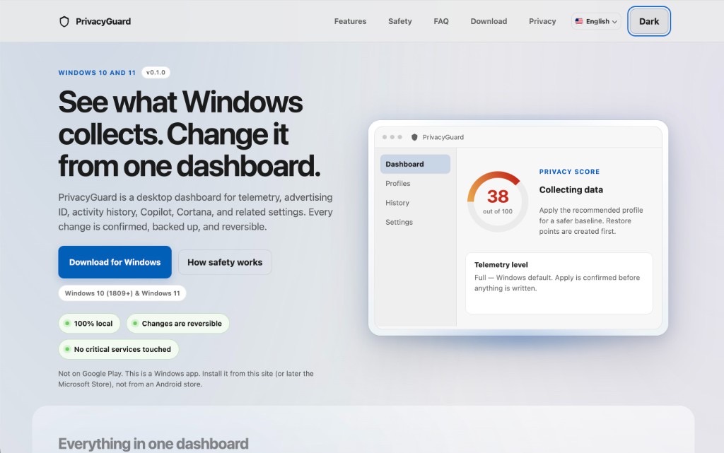 Privacy Guard Windows website screenshot